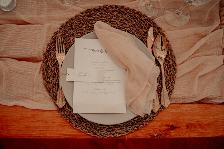 Wedding menu made of tree free cotton recycled paper. Boho vintage wedding at Sherwood Glade Nottingham