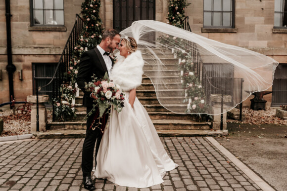 Bride and Groom at Winter Wedding at Sneaton Castle Whitby