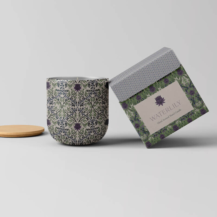 Heritage Riverside Bloom scented candle with damask pattern