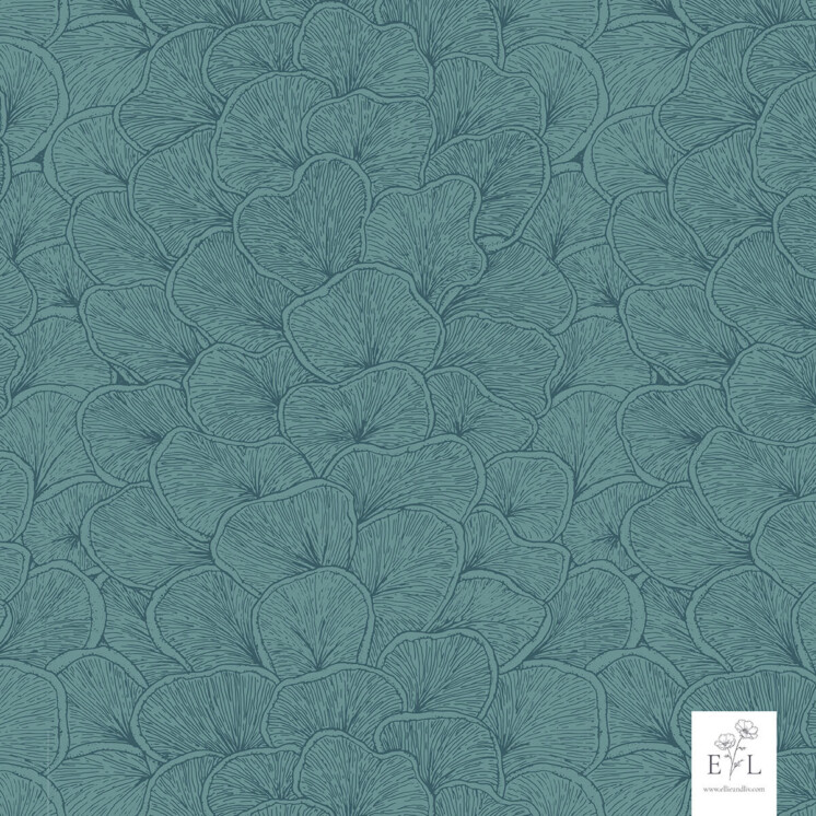 Fine line botanic illustration mushroom texture green.