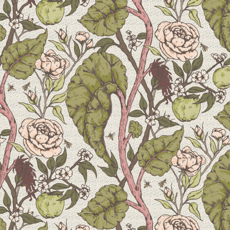 Trailing Rhubarb, apple and rose pattern. Secret garden pattern. Food pattern. Classical style wallpaper.