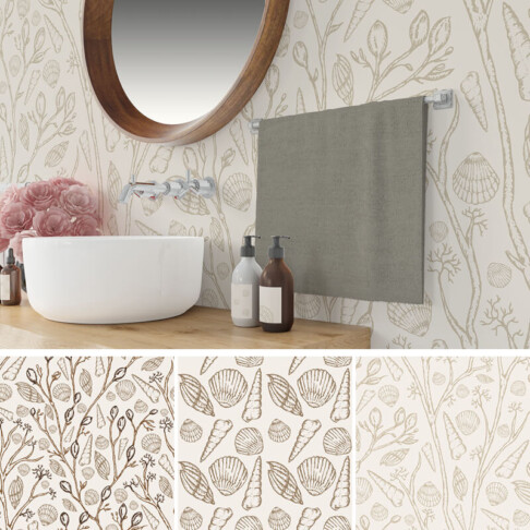 Beachcomber seashell neutral and mocha surface pattern design for home and interiors, wallpaper.