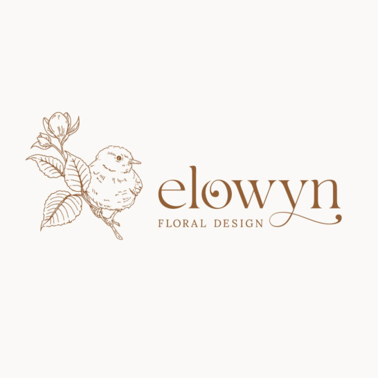 Wedding florist brand mark with wren, hellebore and elm leaf symbols