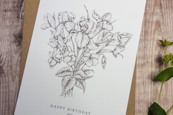 What Are February’s Birth Flowers? Violet and Iris fine line botanical drawing for February birthday keepsake