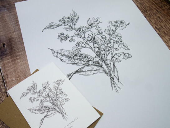 Original fine line drawing of lily of valley and hawthorn and May birth flower card