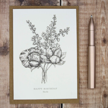 Hand drawn July Birth Flower Card, Delphinium and Water Lily