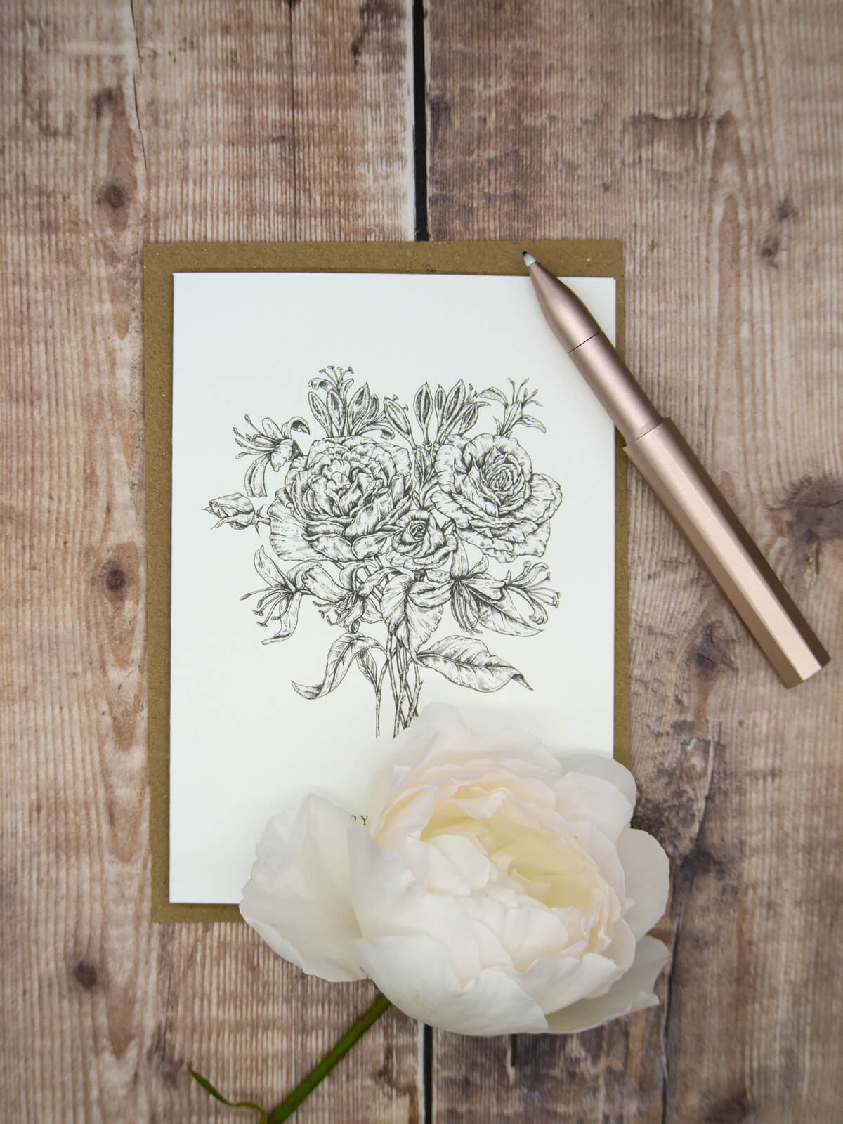 June birth flower card featuring hand drawn rose and honeysuckle illustration, fine line botanical art by Ellie and Liv