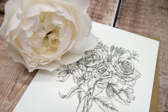June birth flower card featuring hand drawn rose and honeysuckle illustration, fine line botanical art by Ellie and Liv