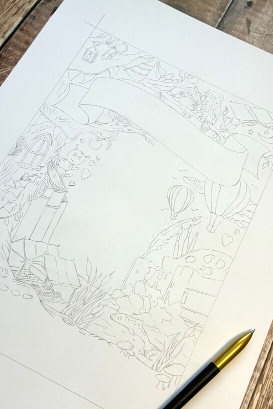 Original pencil drawing of the illustration for Newark book festival by Ellie and Liv, drawn by Simone Carr